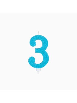 VELA NÚMERO 3 GRANDE GLITTER 15,5 CM AZUL