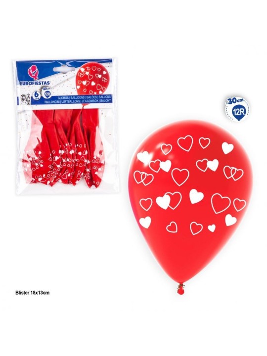 GLOBO 12R ROJO CORAZONES 6PCS